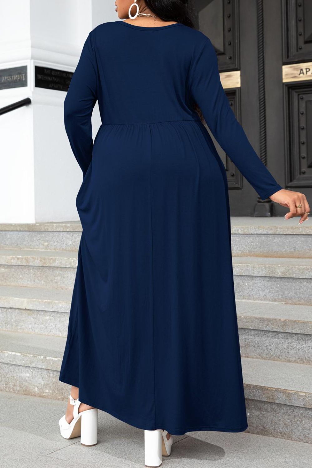 Plus Size Round Neck Long Sleeve Maxi Dress with Pockets-Angel Casuals