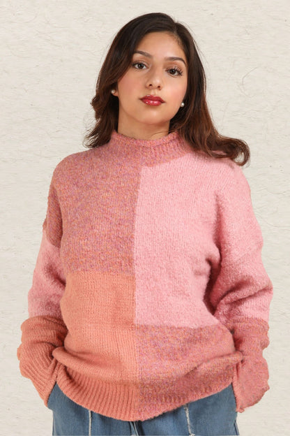 VERY J Color Block Mock Neck Drop Shoulder Sweater-Angel Casuals