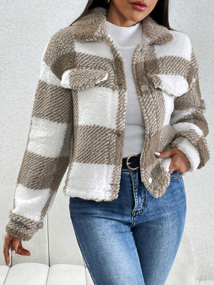 Decorative Pocket Flap Plaid Long Sleeve Jacket-Angel Casuals