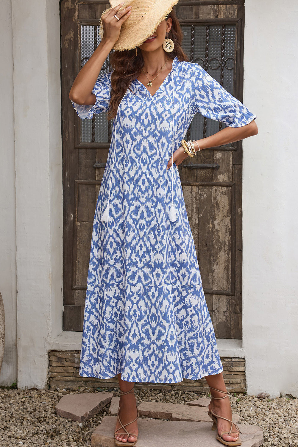 Printed Tassel Tie Flounce Sleeve Dress-Angel Casuals