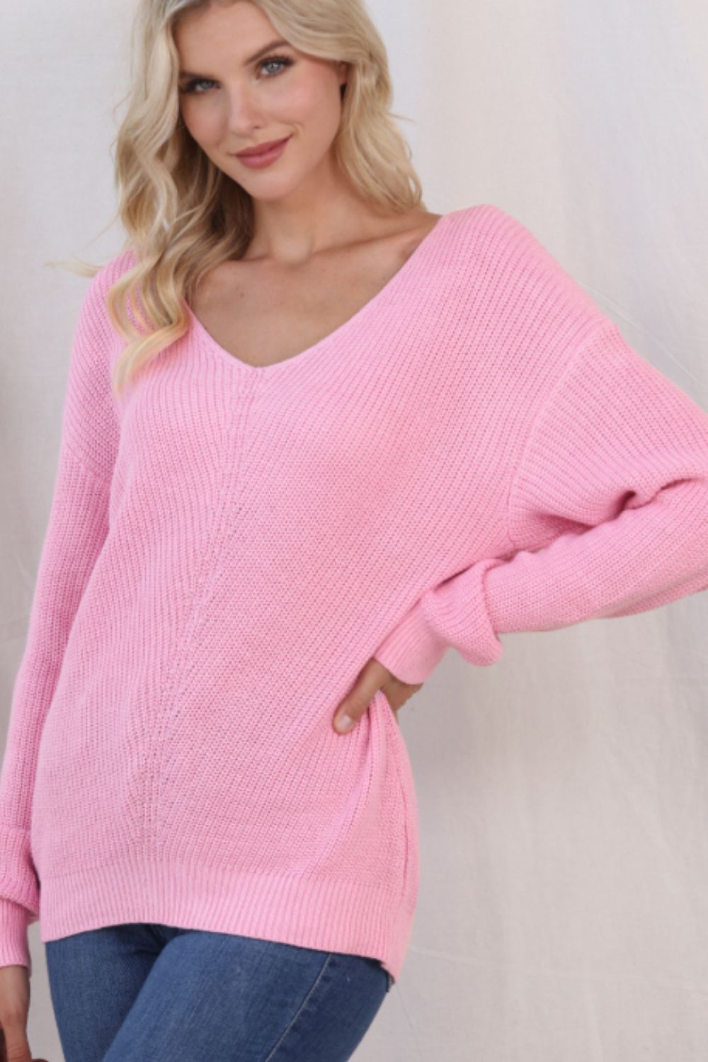 V-Neck Drop Shoulder Sweater-Angel Casuals