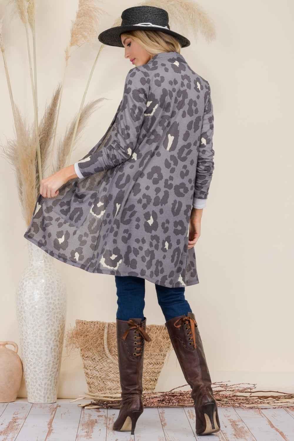 Celeste Full Size Leopard Open Front Contrast Cardigan-Angel Casuals