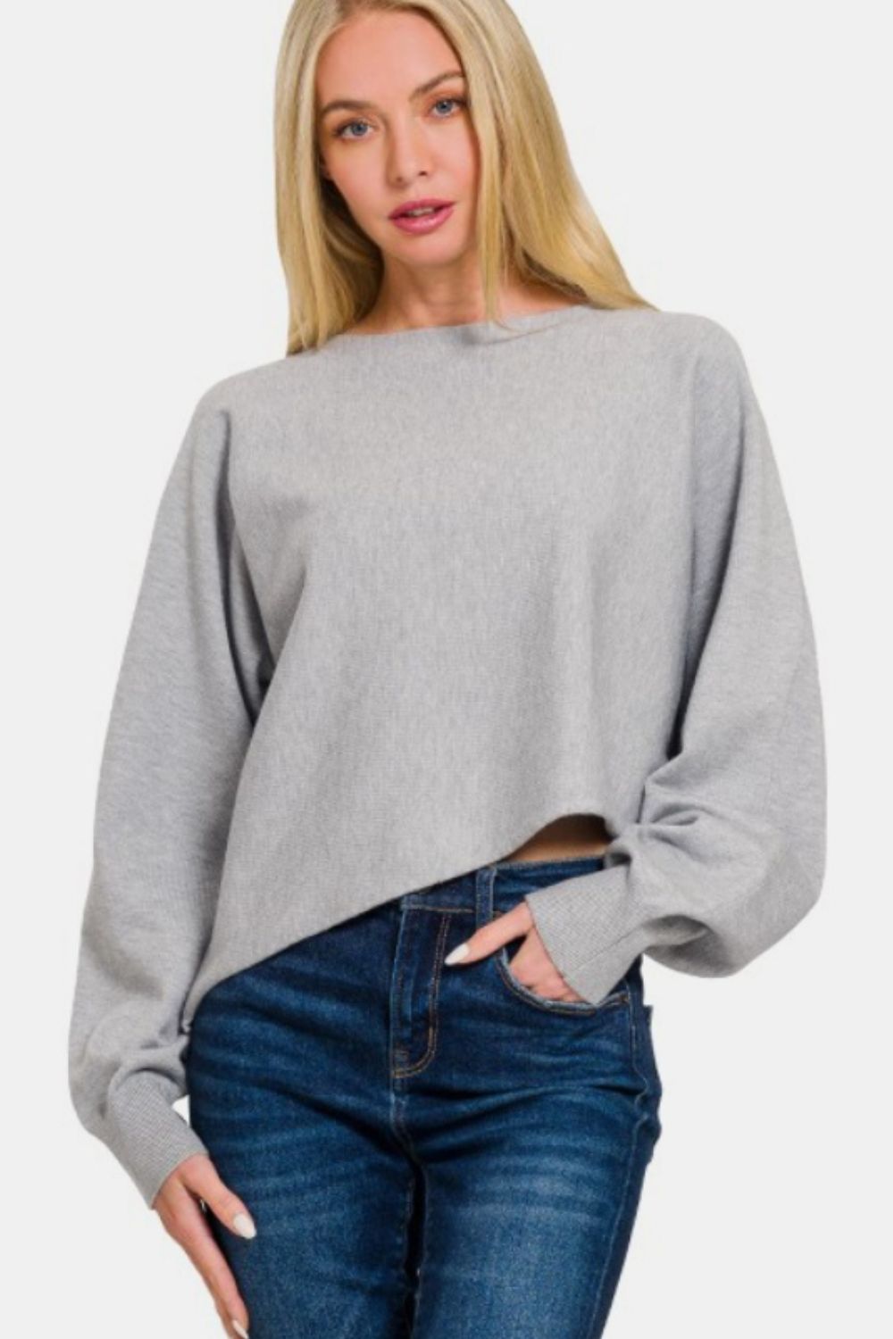 Zenana Asymmetric Hem Long Sleeve Sweater-Angel Casuals