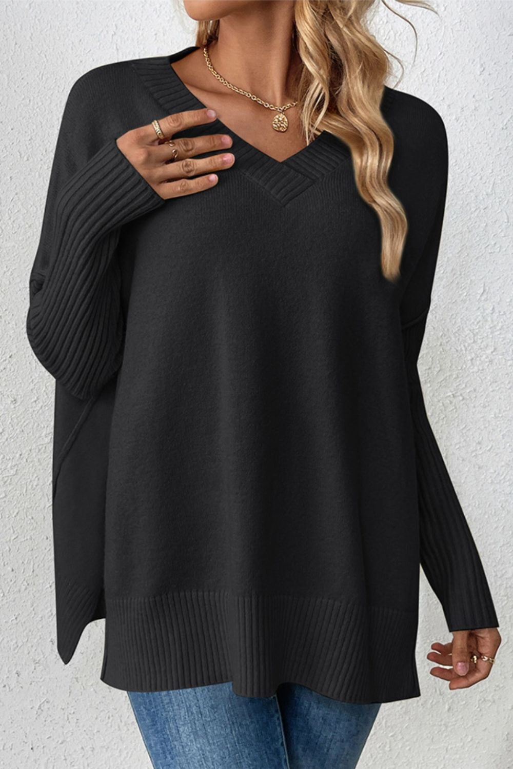 Slit V-Neck Dropped Shoulder Sweater-Angel Casuals