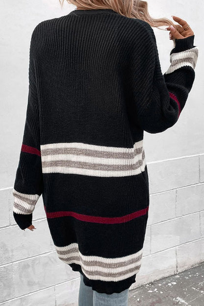 Striped Rib-Knit Drop Shoulder Open Front Cardigan-Angel Casuals