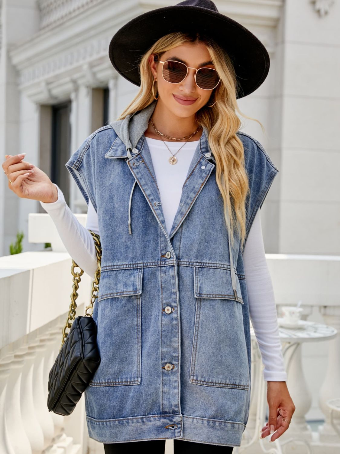 Hooded Sleeveless Denim Top with Pockets-Angel Casuals