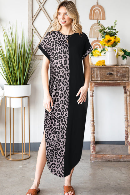 Leopard Color Block Split Dress-Angel Casuals