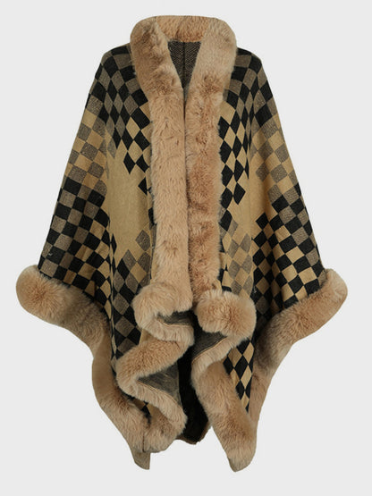 Fuzzy Checkered Long Sleeve Poncho-Angel Casuals