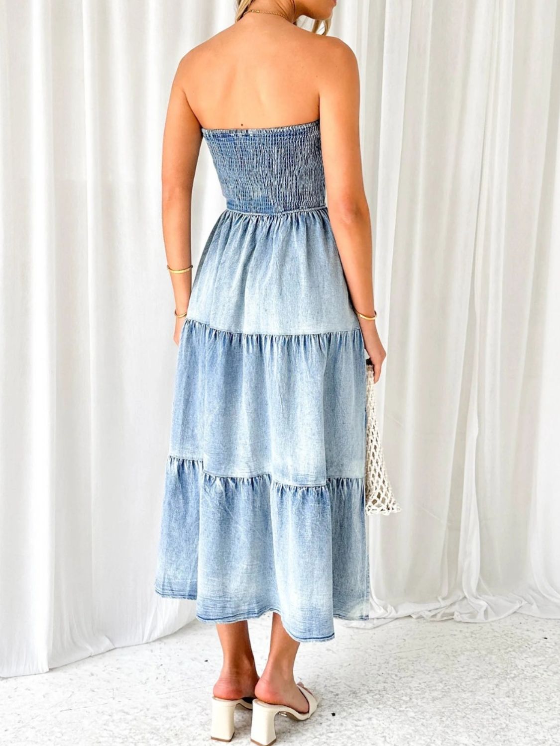 Slit Smocked Tube Tiered Denim Dress-Angel Casuals