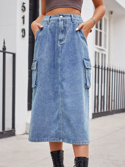 Slit Buttoned Denim Skirt with Pockets-Angel Casuals