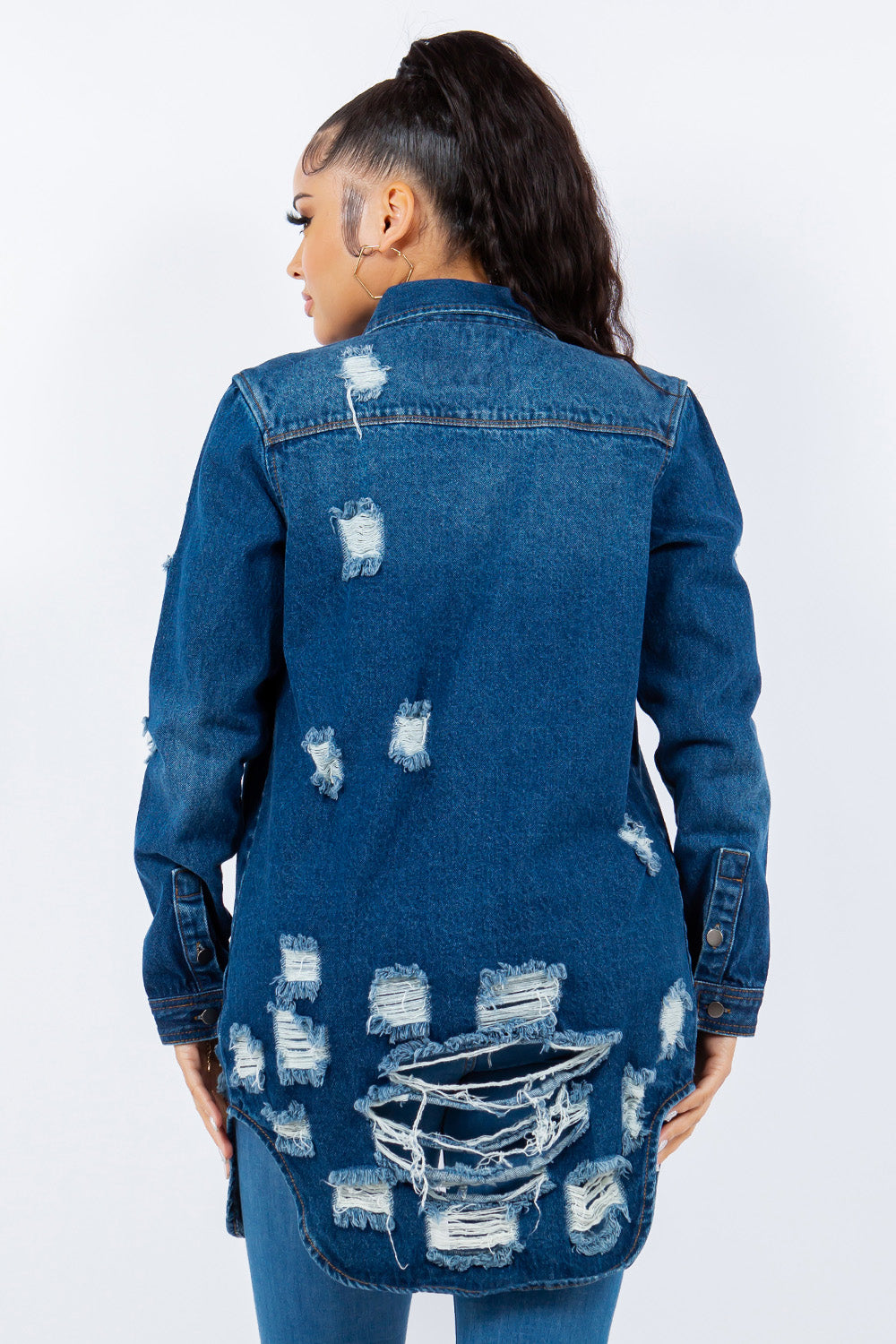 American Bazi Distressed Button Up Long Sleeve Denim Jacket-Angel Casuals