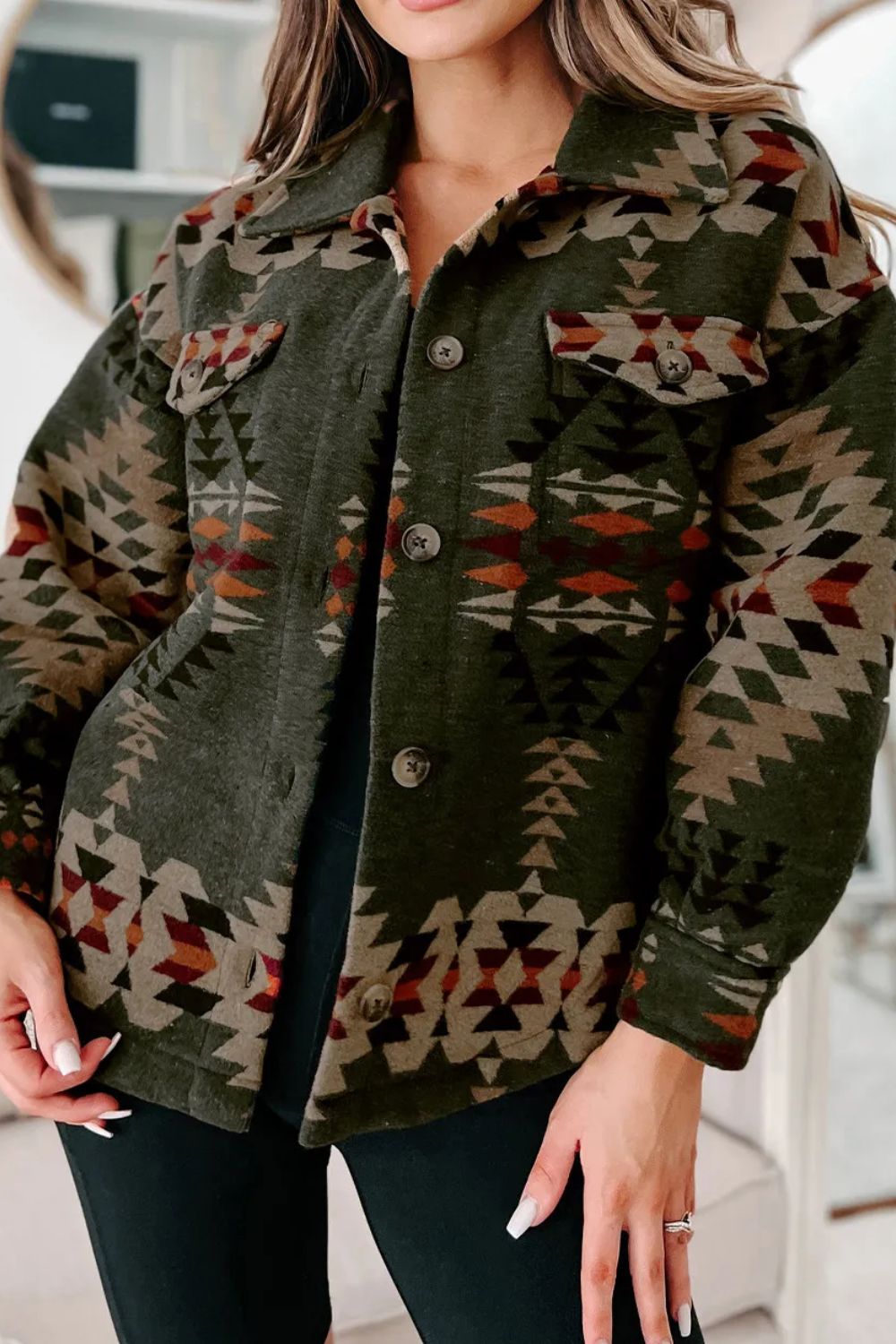 Pocketed Geometric Collared Neck Jacket-Angel Casuals