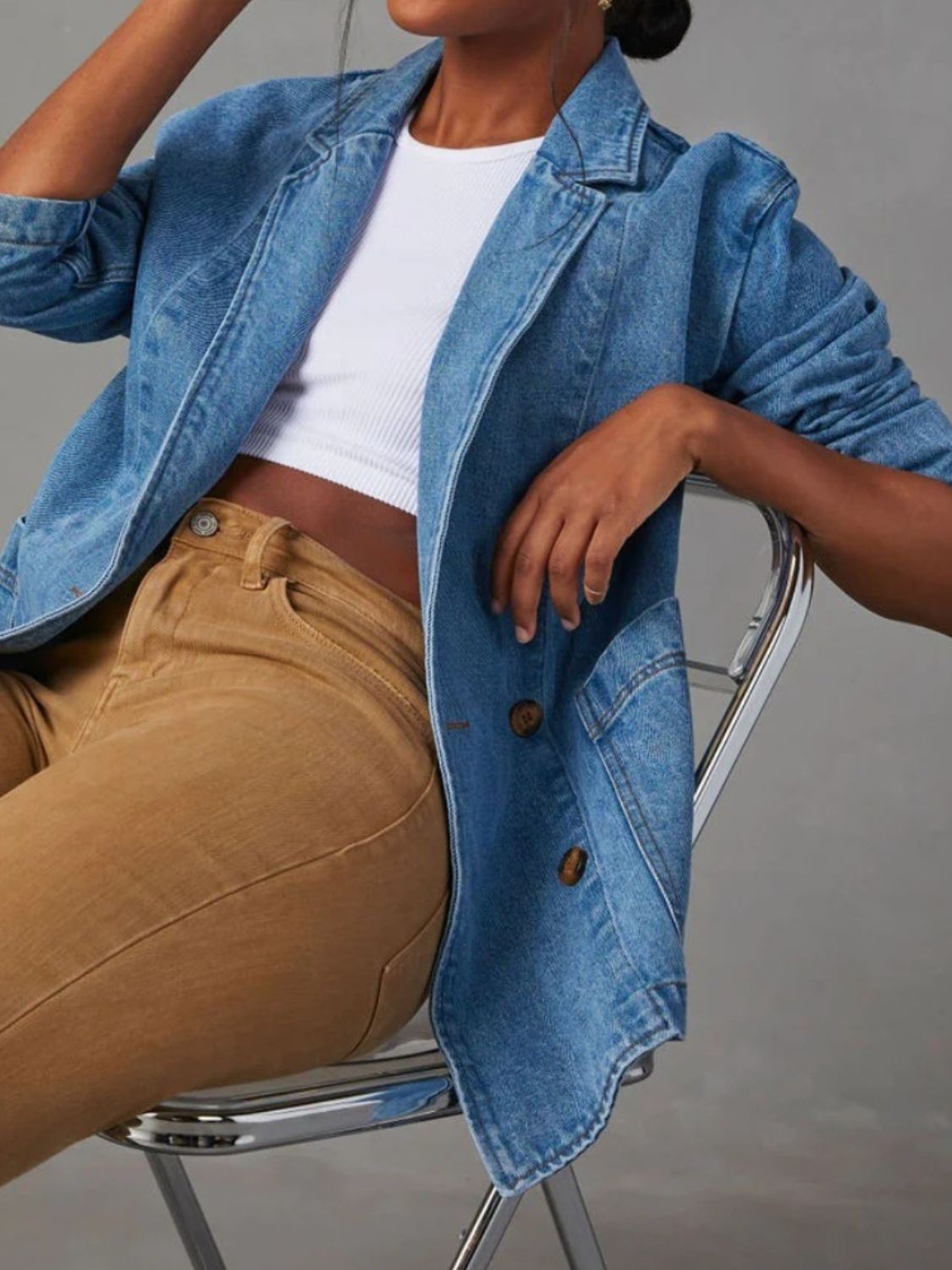 Pocketed Lapel Collar Long Sleeve Denim Jacket-Angel Casuals