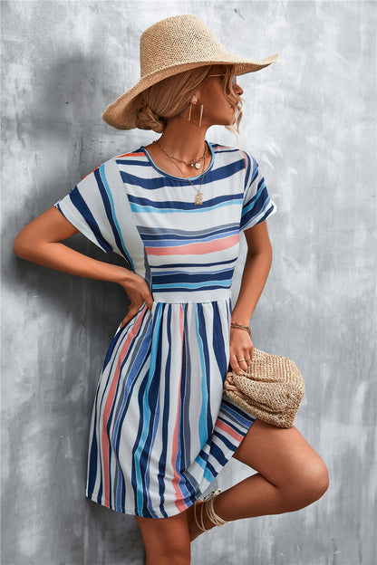 Striped Round Neck Dress-Angel Casuals