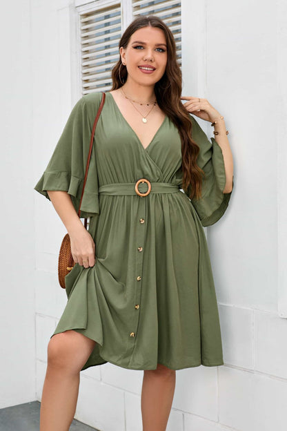 Plus Size Surplice Neck Half Sleeve Dress-Angel Casuals