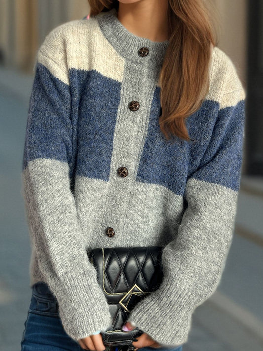 Color Block Round Neck Button Up Cardigan-Angel Casuals