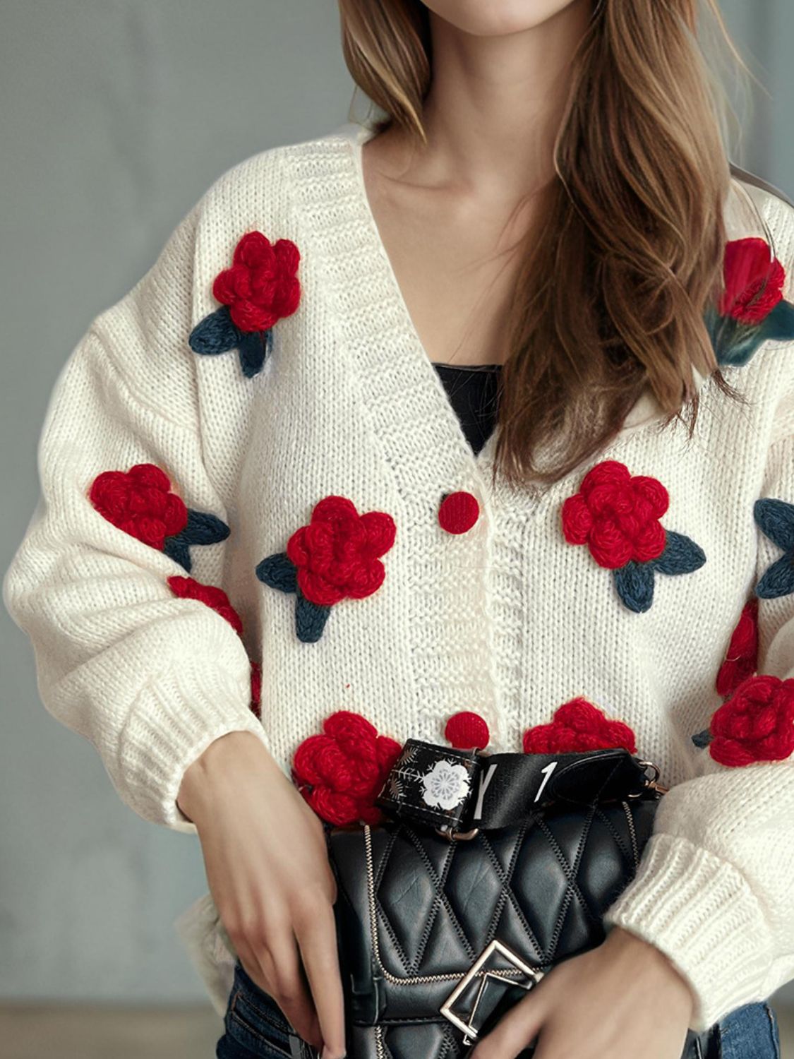 Flower Button Down V-Neck Long Sleeve Cardigan-Angel Casuals