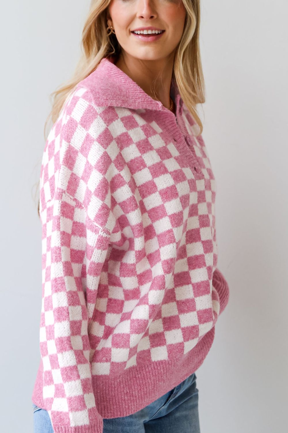 Checkered Collared Neck Long Sleeve Sweater-Angel Casuals