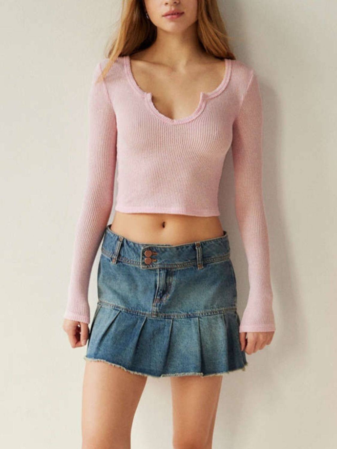 Notched Long Sleeve T-Shirt-Angel Casuals