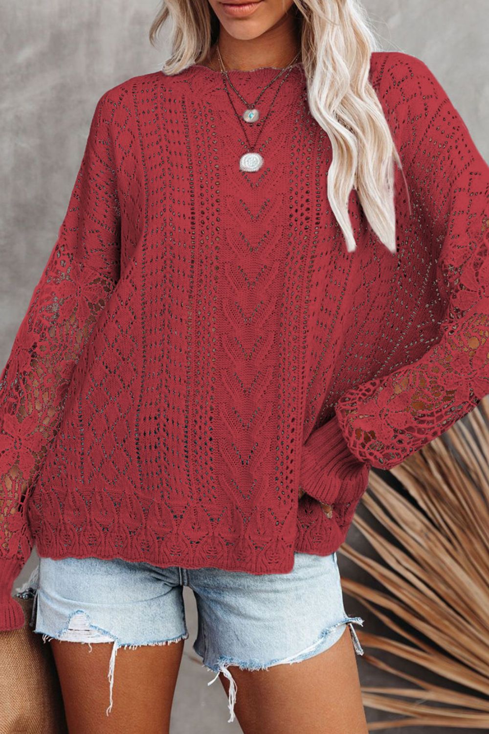 Openwork Round Neck Long Sleeve Sweater-Angel Casuals