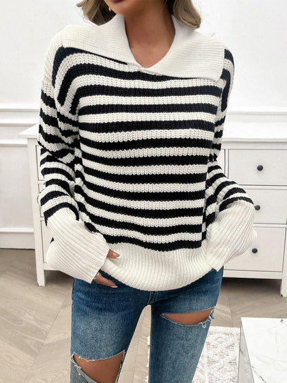 Devine Striped Collared Neck Long Sleeve Sweater-Angel Casuals