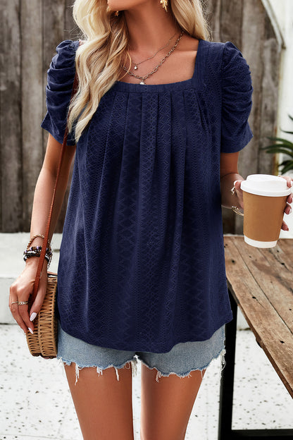 Eyelet Square Neck Puff Sleeve T-Shirt-Angel Casuals