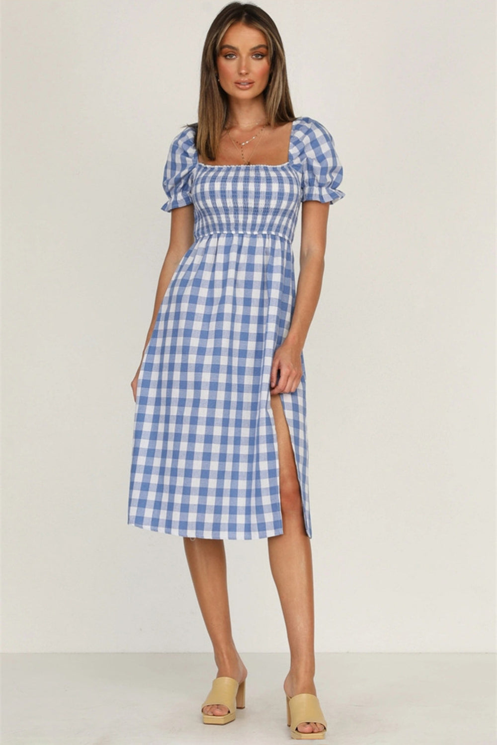 Full Size Slit Plaid Short Sleeve Midi Dress-Angel Casuals