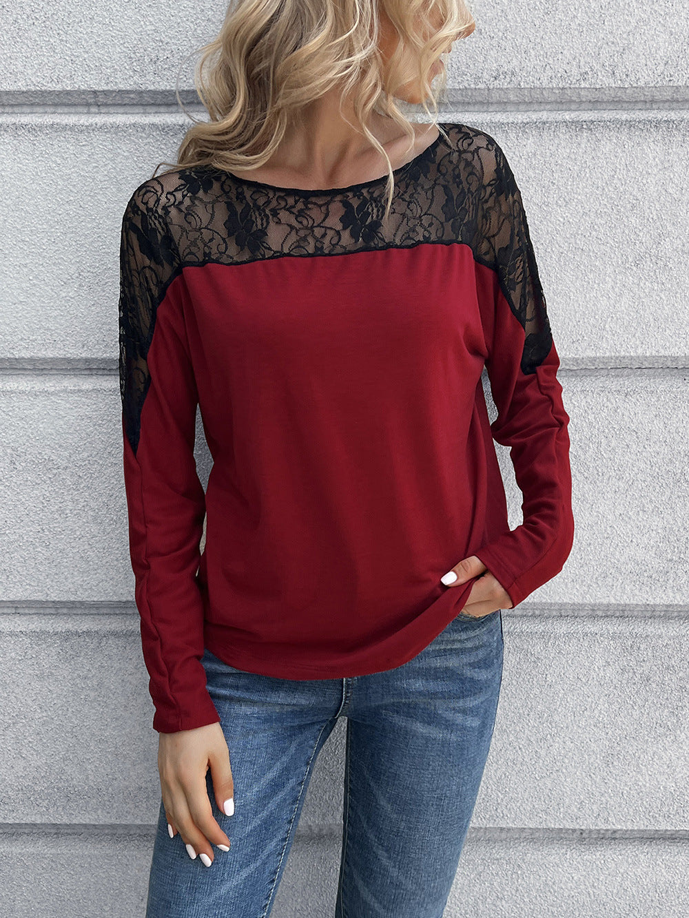 Lace Long Sleeve Round Neck Tee-Angel Casuals