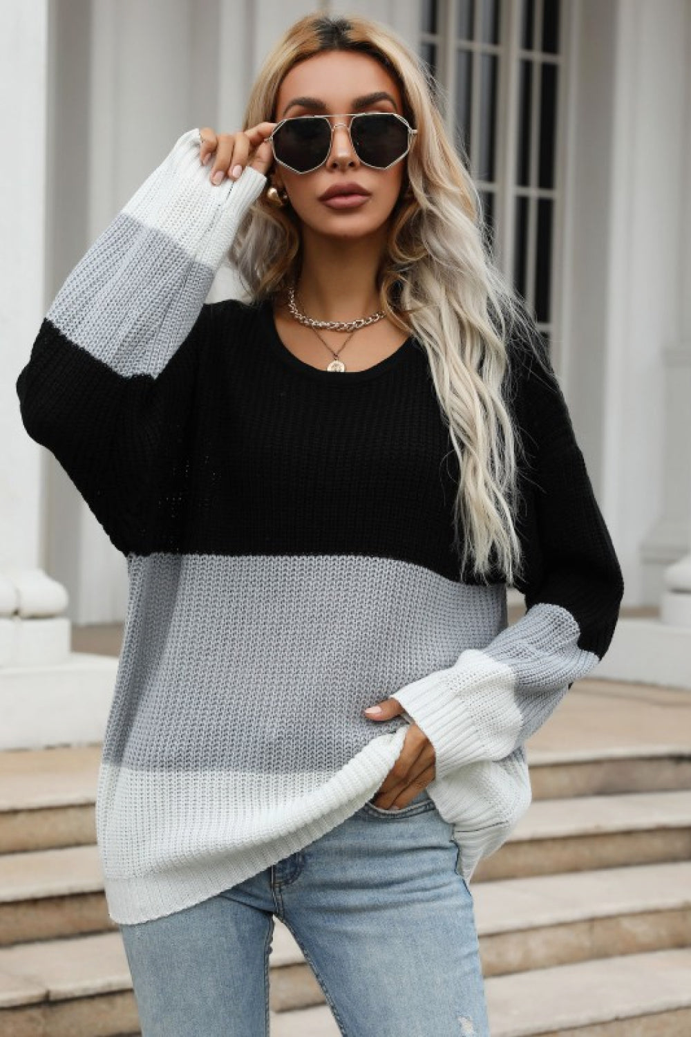 Perfee Color Block Long Sleeve Chunky Knit Sweater-Angel Casuals