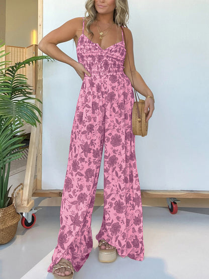 Full Size Printed Spaghetti Strap Wide Leg Jumpsuit-Angel Casuals