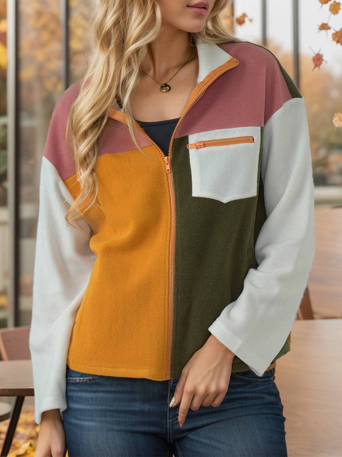 Shiny Color Block Zip-Up Long Sleeve Jacket-Angel Casuals