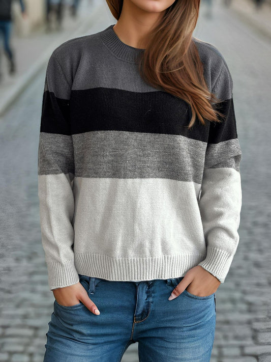 Color Block Round Neck Long Sleeve Sweater-Angel Casuals