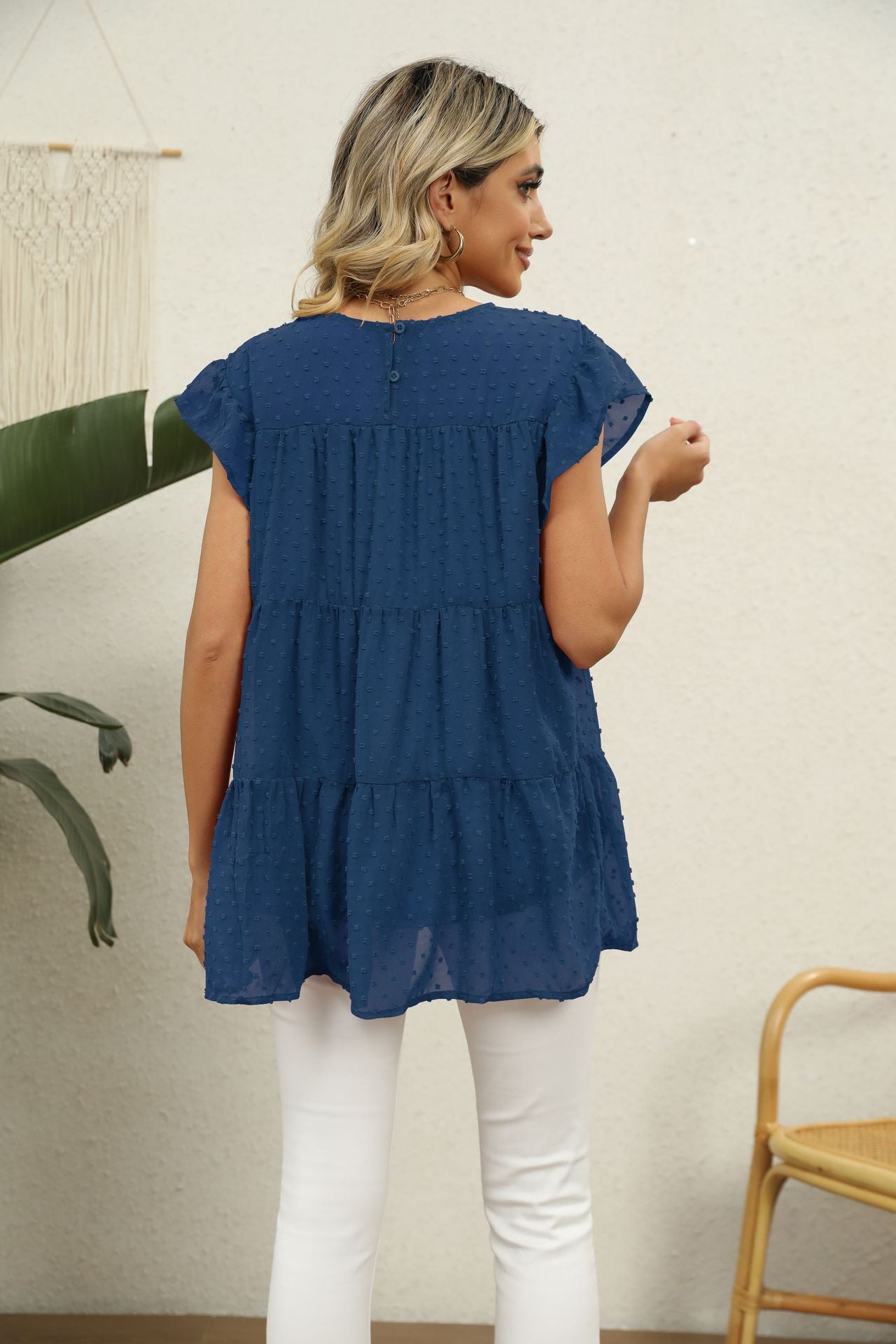 Swiss Dot Round Neck Tiered Blouse-Angel Casuals