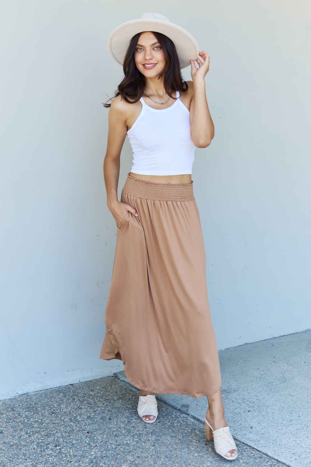 Doublju Comfort Princess Full Size High Waist Scoop Hem Maxi Skirt in Tan-Angel Casuals