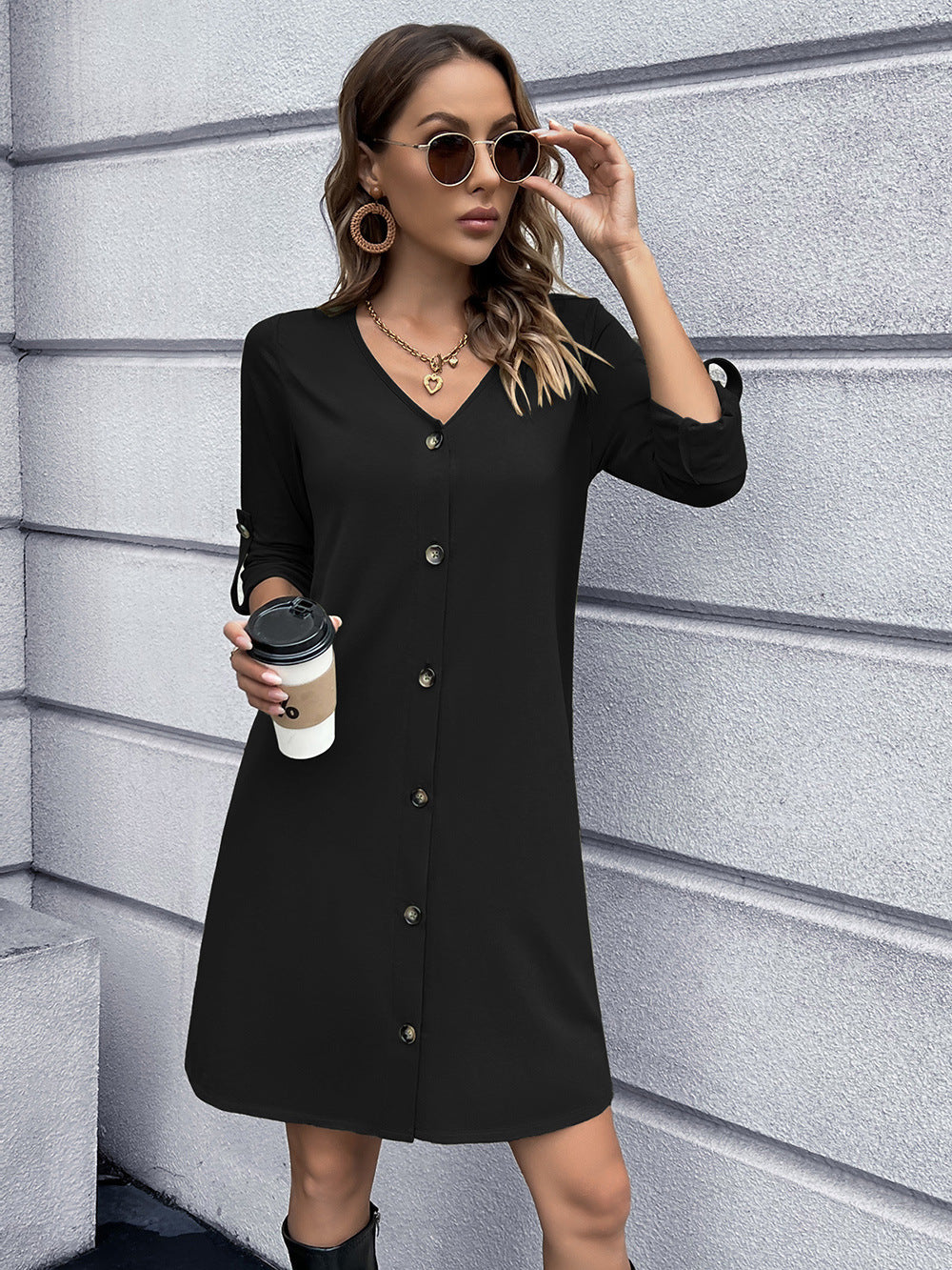 Button Down V-Neck Mini Dress-Angel Casuals