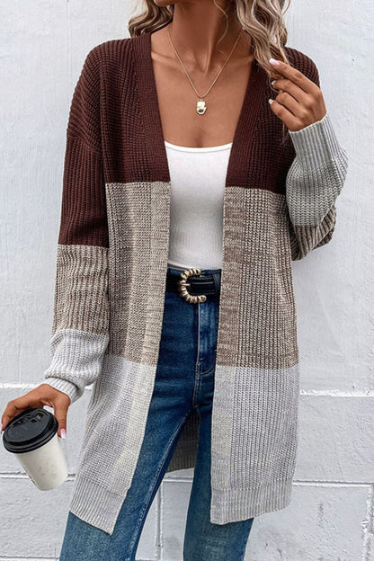 Woven Right Color Block Open Front Rib-Knit Longline Cardigan-Angel Casuals