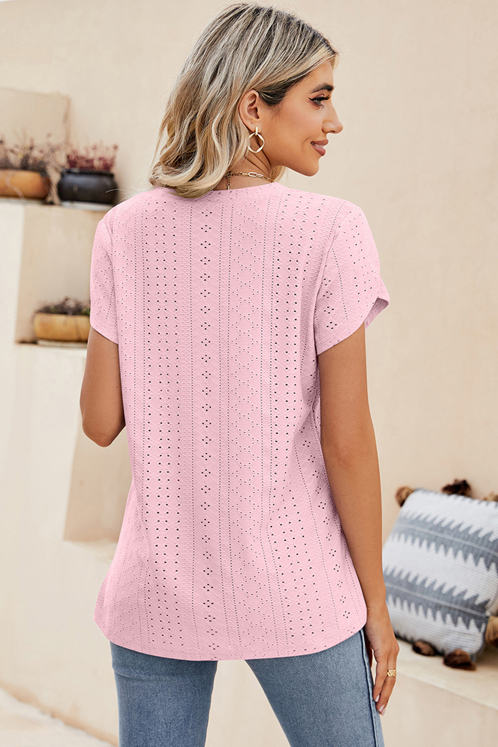 Eyelet V-Neck Petal Sleeve T-Shirt-Angel Casuals