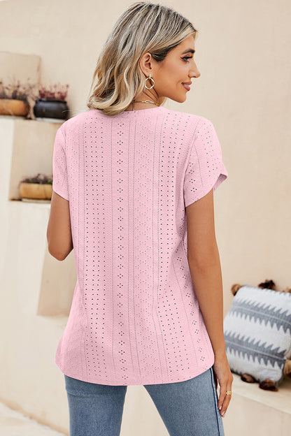 Eyelet V-Neck Petal Sleeve T-Shirt-Angel Casuals