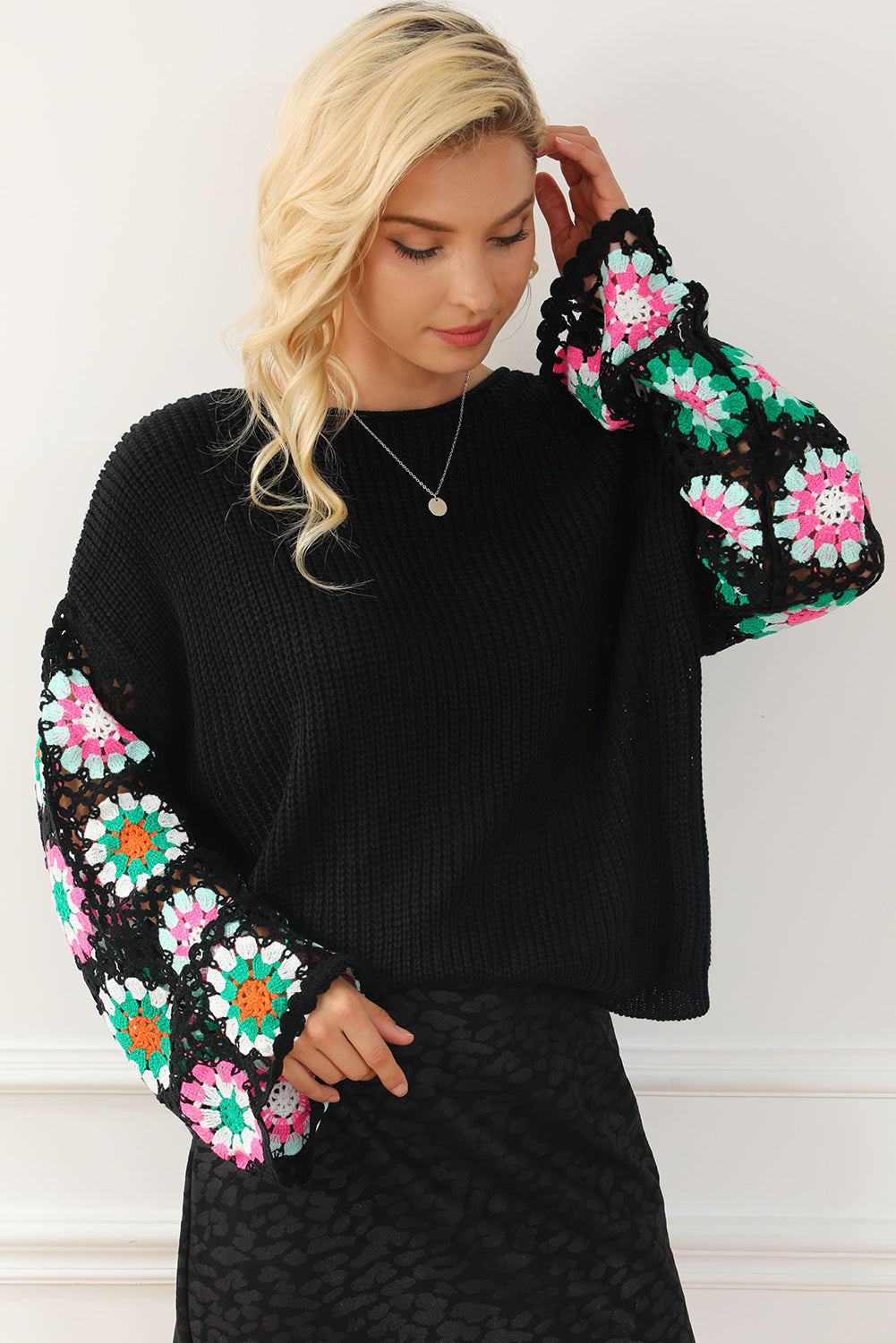 Crochet Round Neck Long Sleeve Knit Top-Angel Casuals