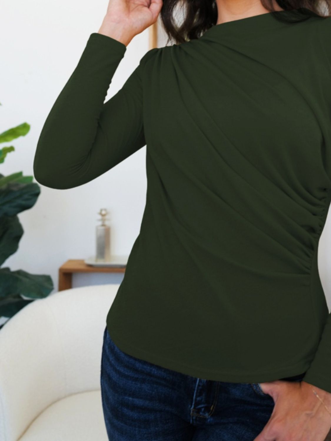 FAM-FAM Ruched Mock Neck Long Sleeve T-Shirt-Angel Casuals