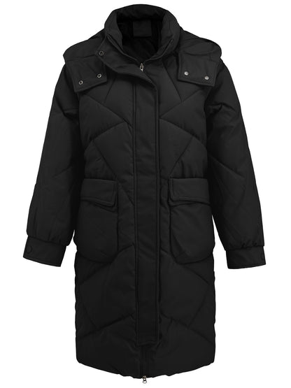 Long Sleeve Longline Hooded Winter Coat with Pockets-Angel Casuals