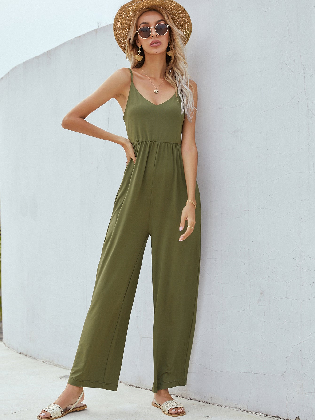 Adjustable Spaghetti Strap Jumpsuit with Pockets-Angel Casuals