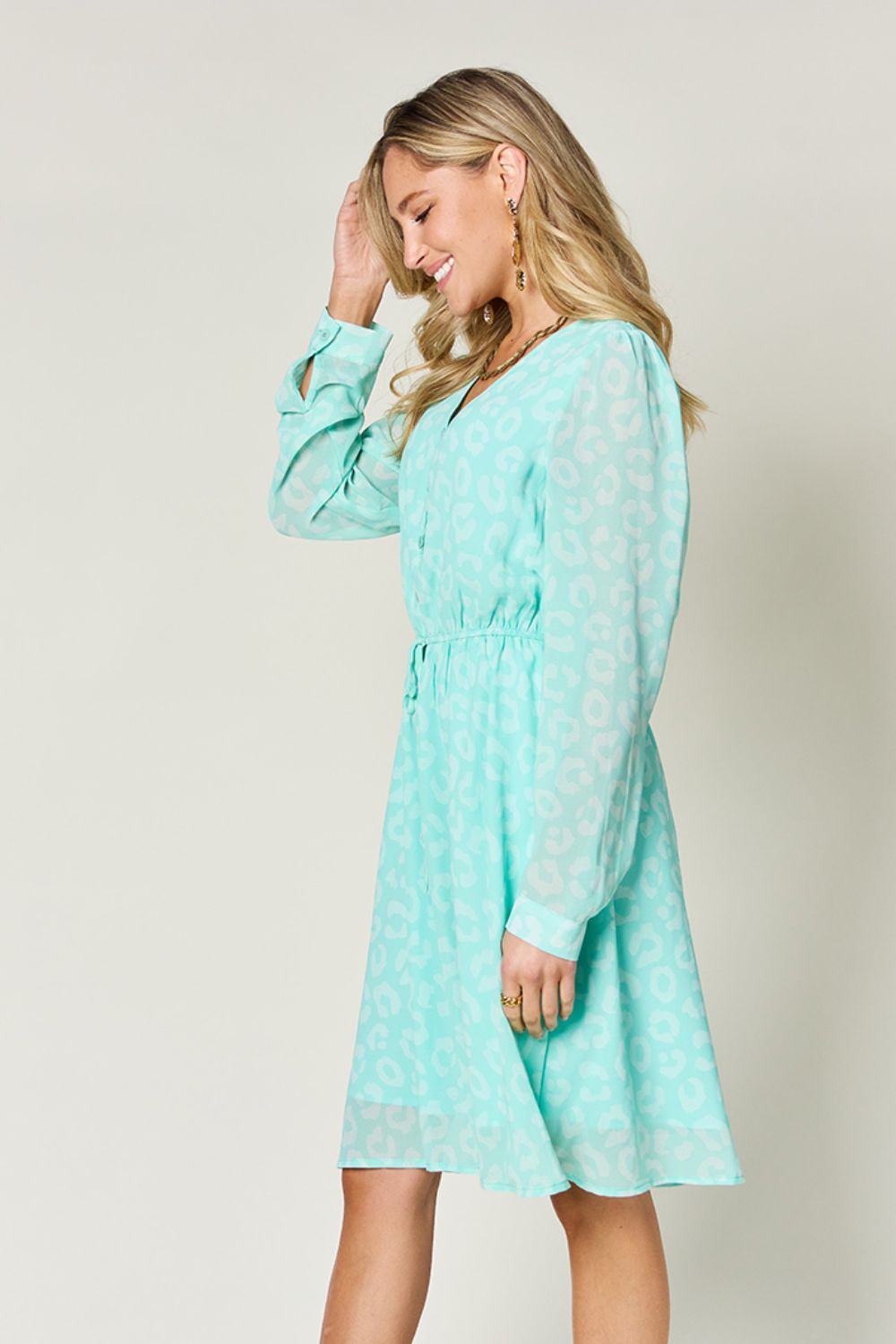 Double Take Full Size Printed Ruched V-Neck Long Sleeve Dress-Angel Casuals