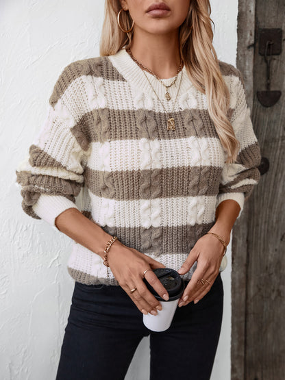 Striped Round Neck Long Sleeve Sweater-Angel Casuals