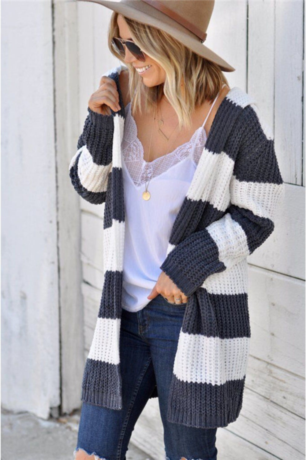 Contrast Stripes Open Front Long Sleeve Cardigan-Angel Casuals