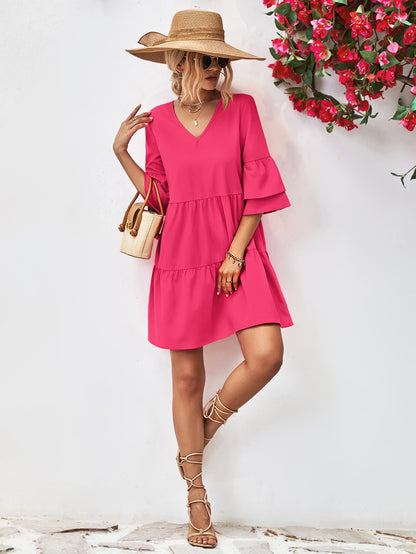 V-Neck Flare Sleeve Mini Dress-Angel Casuals