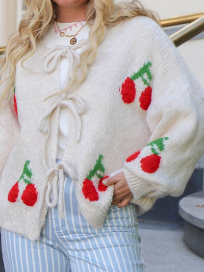 Tied Cherry Round Neck Long Sleeve Cardigan-Angel Casuals