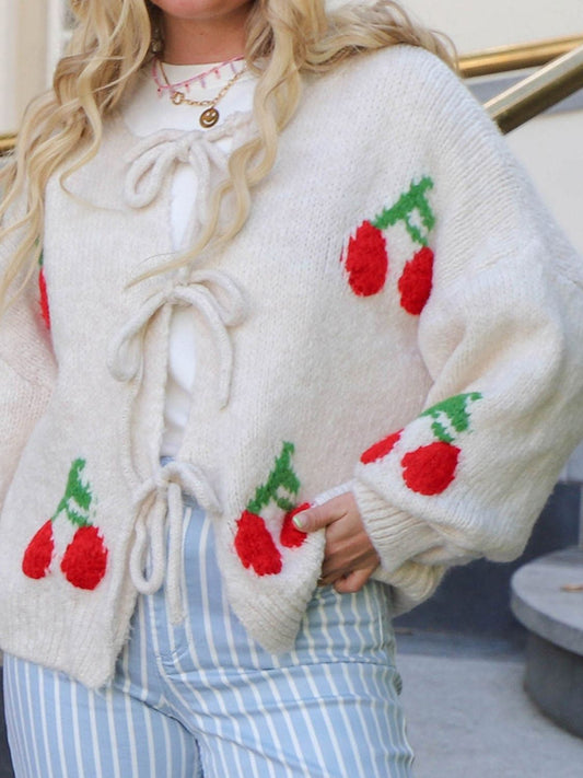 Tied Cherry Round Neck Long Sleeve Cardigan-Angel Casuals