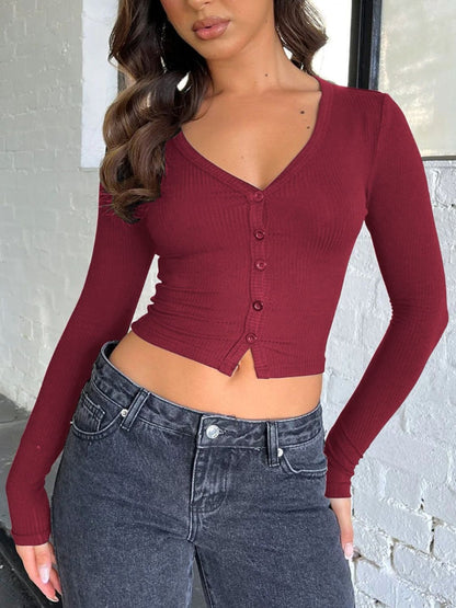 Buttoned V-Neck Long Sleeve T-Shirt-Angel Casuals