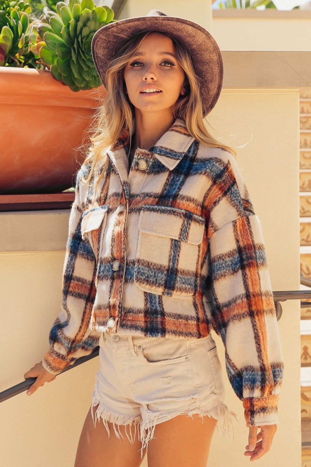 BiBi Brushed Plaid Crop Jacket with Pockets-Angel Casuals